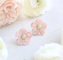 Load image into Gallery viewer, Mother of Pearl Pink Flower Studs
