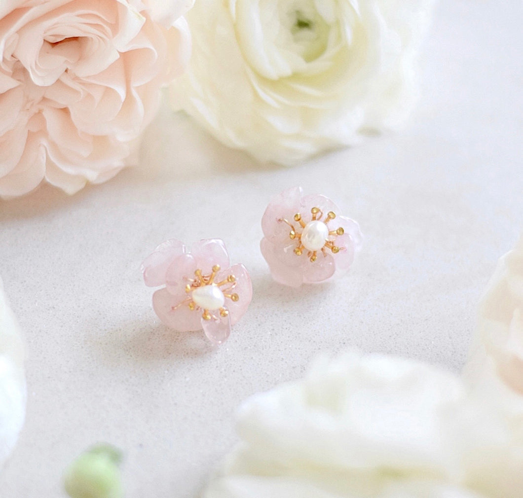 Floral Rose Quartz Studs